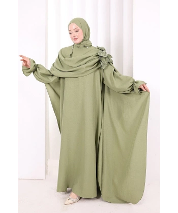 Pamuk Çiçek Detaylı Elbise Abaya ŞAL HEDİYE  8009 Yeşil