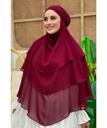 Peçeli 3 Katlı Şifon Sufle Şal 6012 Bordo