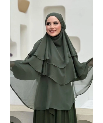 Peçeli 3 Katlı Şifon Sufle Şal 6012 Haki