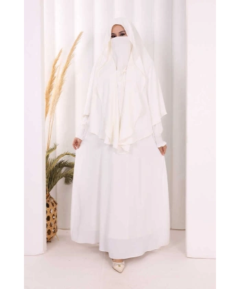 Peçeli Cilbab Model Elbise 6063 Ekru