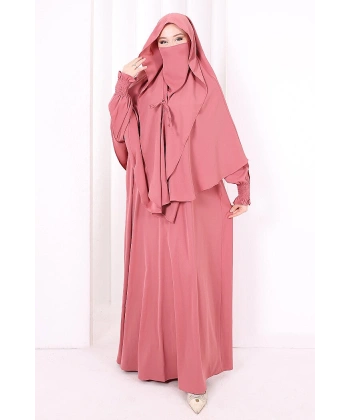 Peçeli Cilbab Model Elbise 6063 Gül Kurusu