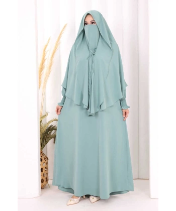 Peçeli Cilbab Model Elbise 6063 Mint