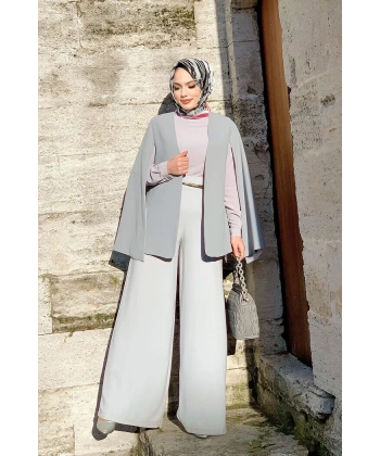 Pelerin Kol Görünümlü Düz Astarlı Ceket 7666 Gri