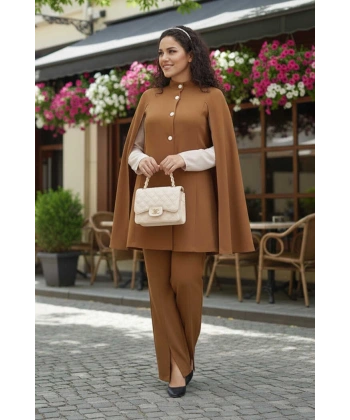 Pelerinli Düğme Detay Ceket ve Pantolon Takım 8354 Taba