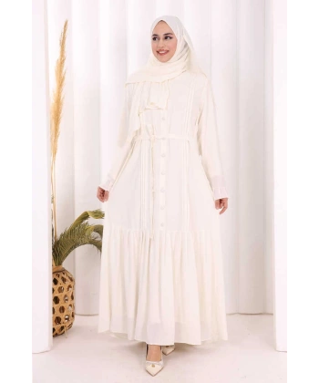 Pilise Detay Elbise ŞAL HEDİYE   6039 Ekru