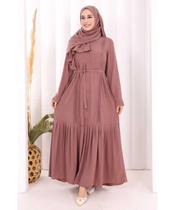 Pilise Detay Elbise ŞAL HEDİYE   6039 Gül Kurusu