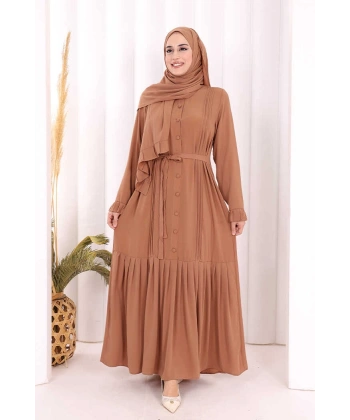 Pilise Detay Elbise ŞAL HEDİYE   6039 Taba