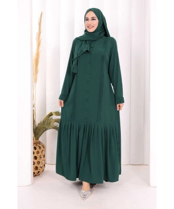 Pilise Detay Elbise ŞAL HEDİYE   6039 Zümrüt