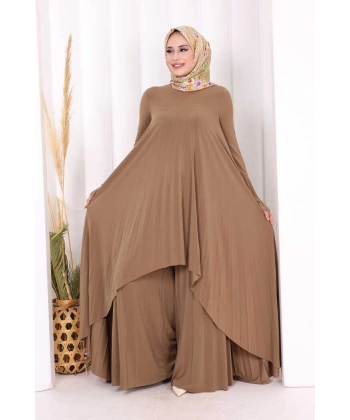 Pilise Detaylı Uzun Tunik ve Pantolon İkili Takım 8575 Taba