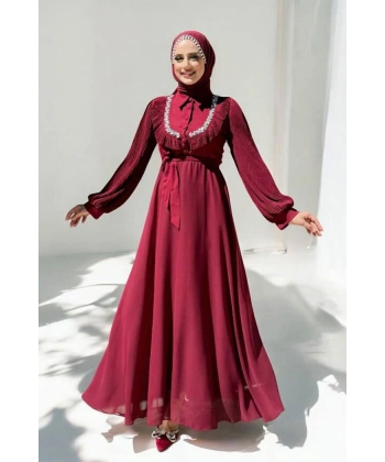 Pilise Kol Detaylı Elbise 3949 Bordo