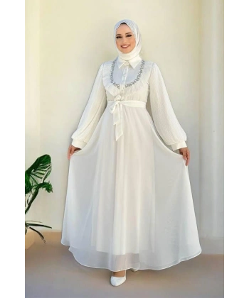Pilise Kol Detaylı Elbise 3949 Ekru