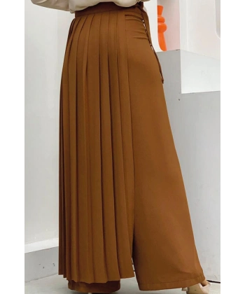 Piliseli Ayrı Bağlamalı Parça Detaylı Pantolon Etek 0274 Taba