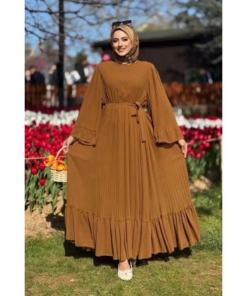 Piliseli Fırfır Görünümlü Astarlı Şifon Elbise 3404 Taba
