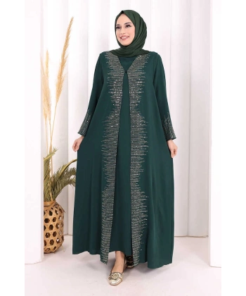 Pul İşlemeli Yelekli Elbise Takım 8498 Zümrüt