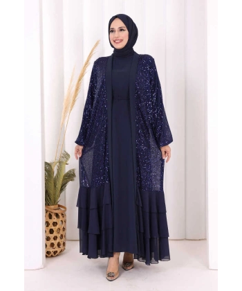 Pulpayet İşlemeli Abaya ve Elbise Takım 8483 Lacivert