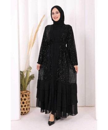 Pulpayet İşlemeli Abaya ve Elbise Takım 8483 Siyah