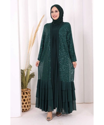 Pulpayet İşlemeli Abaya ve Elbise Takım 8483 Zümrüt