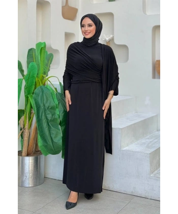 Şallı Drape Detaylı Sandy Elbise 3922 Siyah