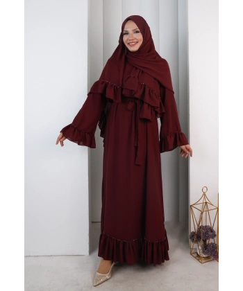Şallı Fırfırlı Elbise 6085 Bordo