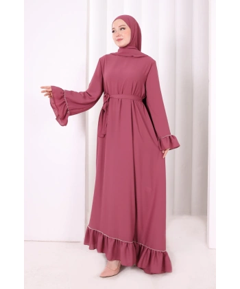 Şallı Fırfırlı Elbise 6085 Gül Kurusu