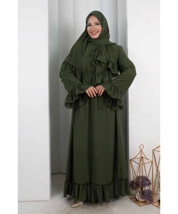 Şallı Fırfırlı Elbise 6085 Haki