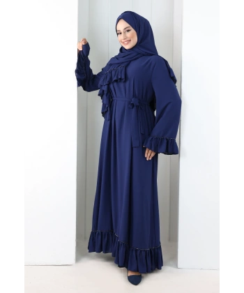 Şallı Fırfırlı Elbise 6085 Lacivert