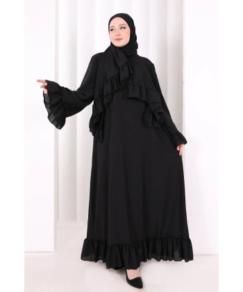 Şallı Fırfırlı Elbise 6085 Siyah