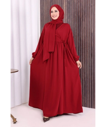 Şallı Kruvaze Namaz Elbisesi  6027 Bordo