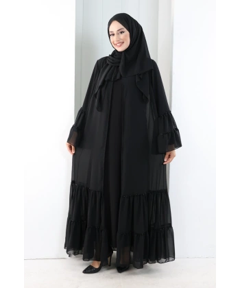 Şallı Taşlı Abaya 7094 Siyah