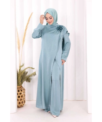 Saten Gül Broşlu Uzun Tunik Pantolon İkili Takım 8010 Mint