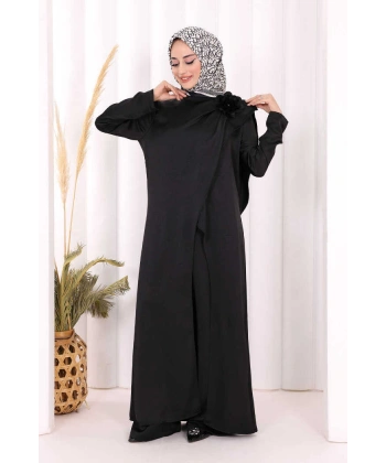 Saten Gül Broşlu Uzun Tunik Pantolon İkili Takım 8010 Siyah