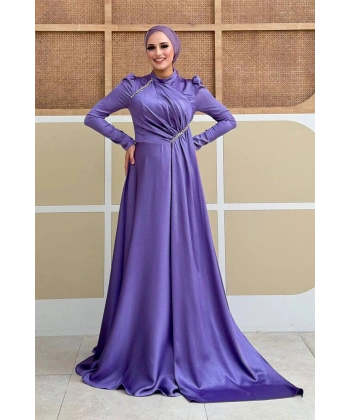 Saten Taş Detaylı Abiye 7016 Lila