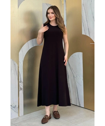 Sıfır Kollu Uzun Sandy İçlik Elbise 3197 Siyah