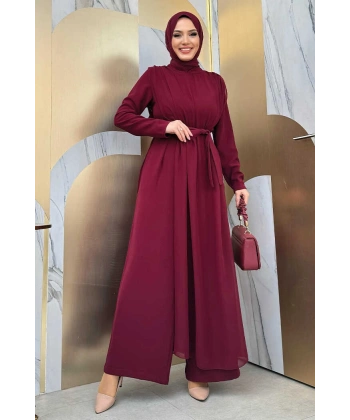 Şifon Pelerin Detay Bel Kuşaklı Tulum 3330 Bordo