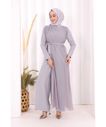 Şifon Pelerin Detay Bel Kuşaklı Tulum 3330 Gri