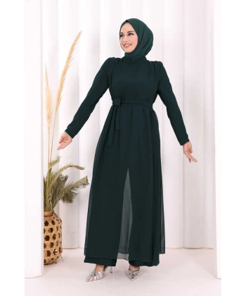 Şifon Pelerin Detay Bel Kuşaklı Tulum 3330 Zümrüt