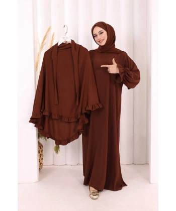 Sufleli Namaz Elbisesi 6034 Kahverengi