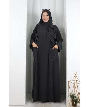 Süs Dikişli Şallı Elbise 7015 Füme