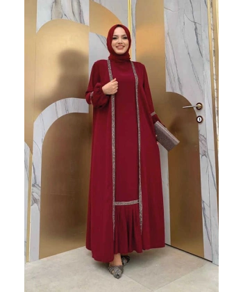 Taş Detaylı Abaya Sıfır Kol Elbise Takım 3657 Bordo