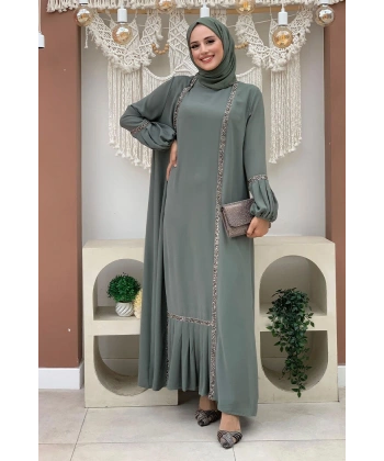 Taş Detaylı Abaya Sıfır Kol Elbise Takım 3657 Mint