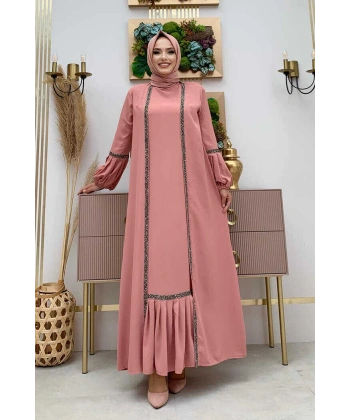 Taş Detaylı Abaya Sıfır Kol Elbise Takım 3657 Pudra