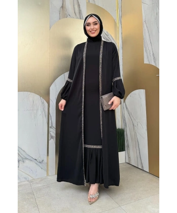 Taş Detaylı Abaya Sıfır Kol Elbise Takım 3657 Siyah