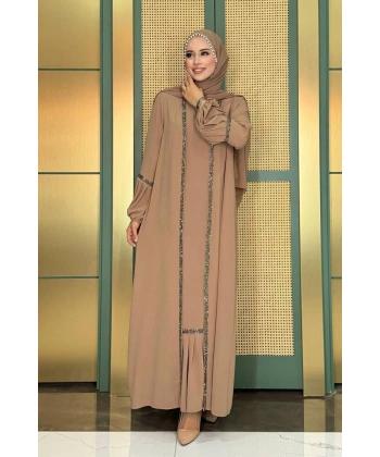 Taş Detaylı Abaya Sıfır Kol Elbise Takım 3657 Vizon