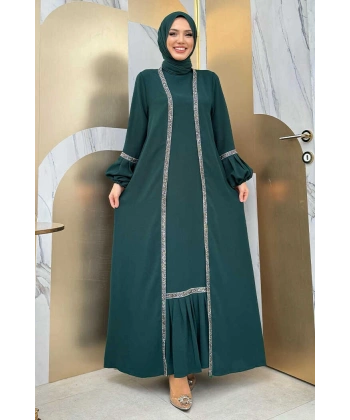 Taş Detaylı Abaya Sıfır Kol Elbise Takım 3657 Zümrüt