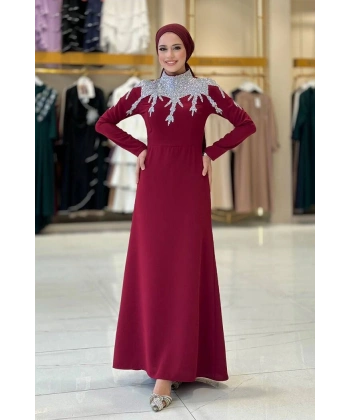 Taş Detaylı Abiye Elbise 3916 Bordo