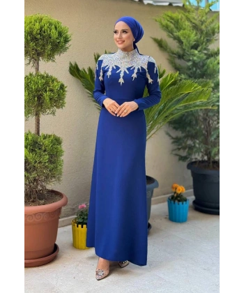 Taş Detaylı Abiye Elbise 3916 Lacivert