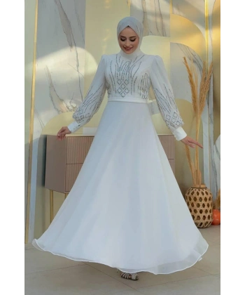 Taş Detaylı Abiye Elbise 7022 Ekru