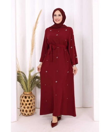 Taş Detaylı Bel Kuşaklı Elbise 3797 Bordo