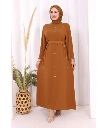 Taş Detaylı Bel Kuşaklı Elbise 3797 Taba