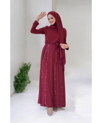 Taş Detaylı  Elbise ŞAL HEDİYE   3953 Bordo